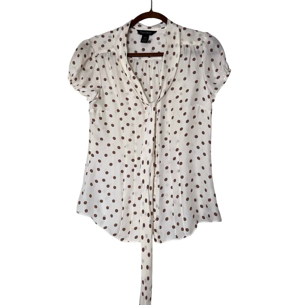 White House Black Market 100% Silk Polka Dot Tie-Neck Blouse Size 2 - Picture 2 of 6